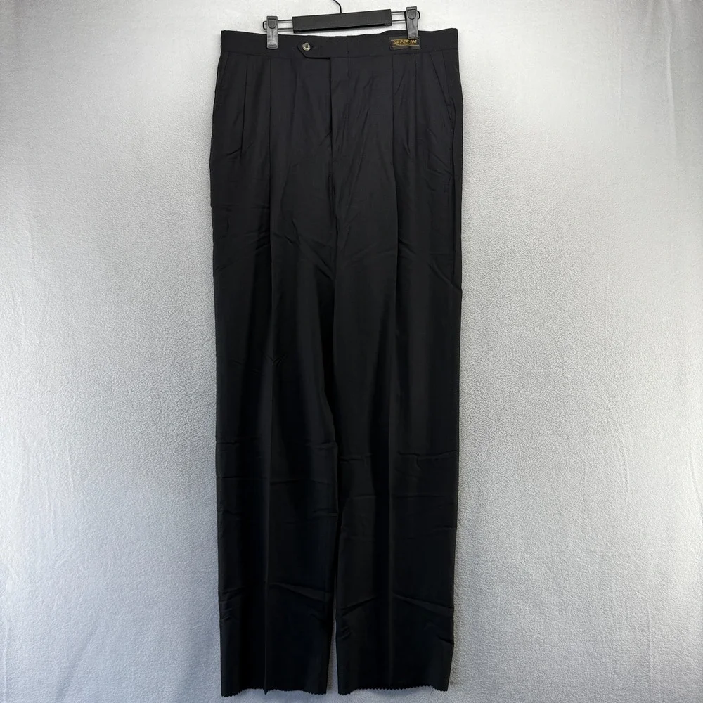 Vintage Sansabelt Dress Pants men's 34 Black Trousers Super 100s Unhemmed NEW
